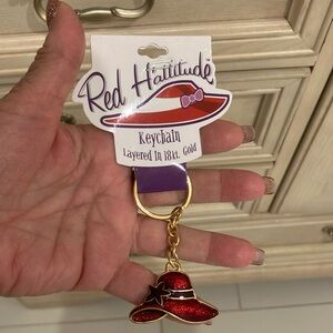NWT Red Hat Society “Red H’allitude” Keychain Layered in 18Kt Gold
